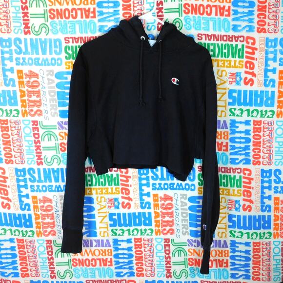 Champion Reverse Weave Hoodie Size L Black Pullover Cropped Fit - Picture 1 of 5